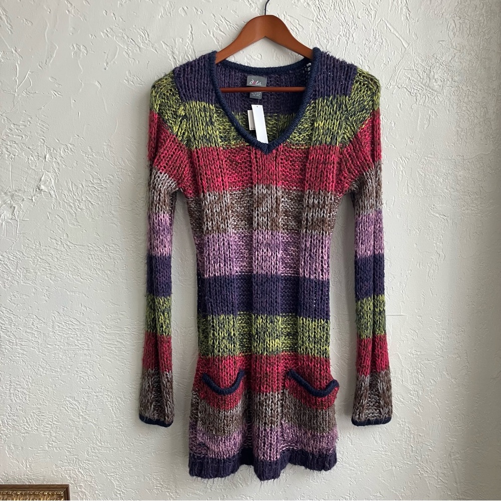 Y2K Dots Multicolor Striped Knit Sweater Mini Dress Large